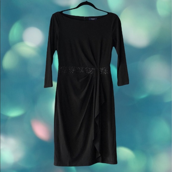Chaps Little Black Form Fitting Dress With Sequin Belt Drapey Detail Size Small - Picture 4 of 16